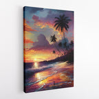 Tropical Sunset Beach Wall Art | Palm Tree Canvas Print | Ocean Sunset Decor | Vibrant Seascape Painting | Framed or Unframed Poster