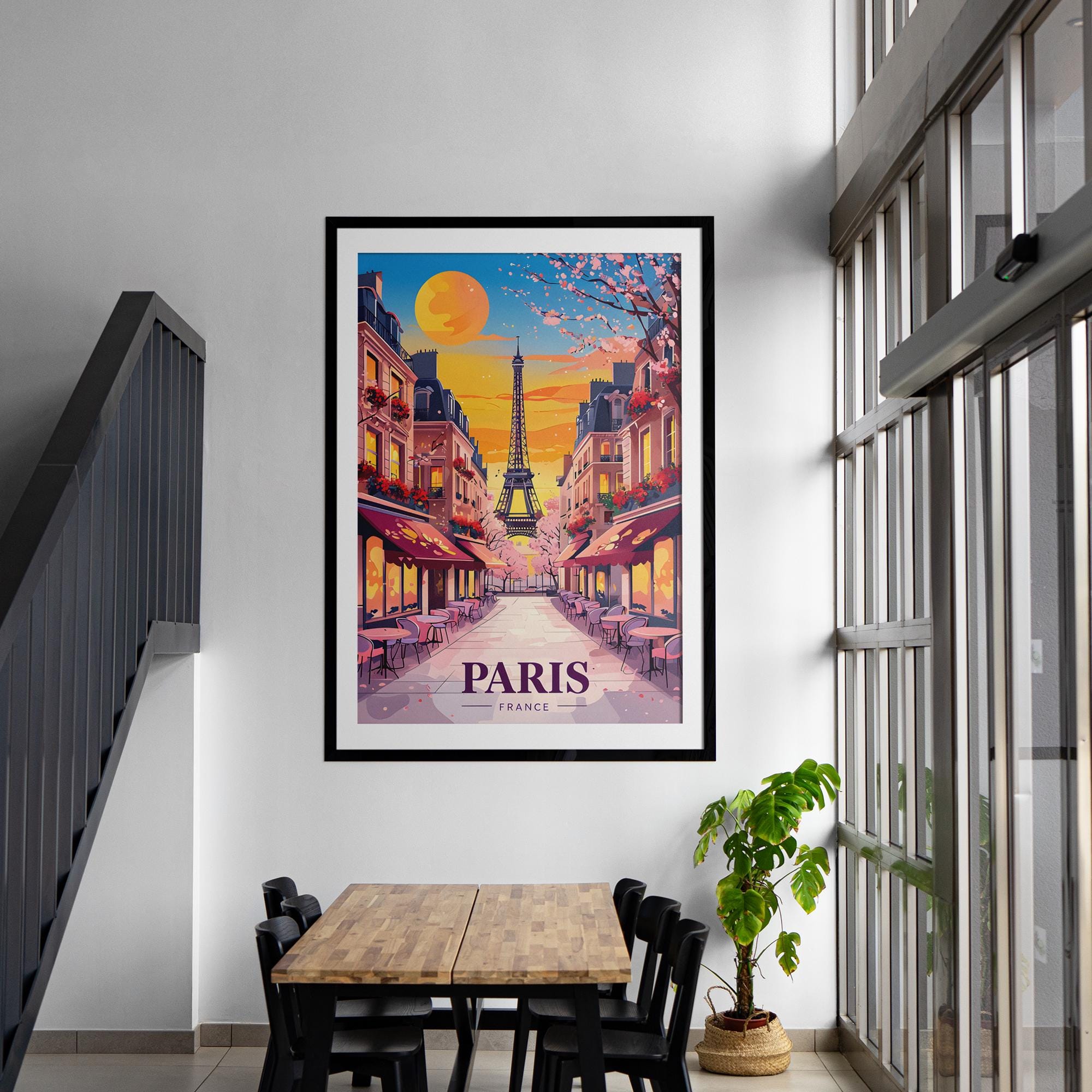 Paris Sunset Poster - Eiffel Tower Wall Art - Romantic Parisian Street - Framed & Unframed Options - Home and Cafe Decor - Digital Download