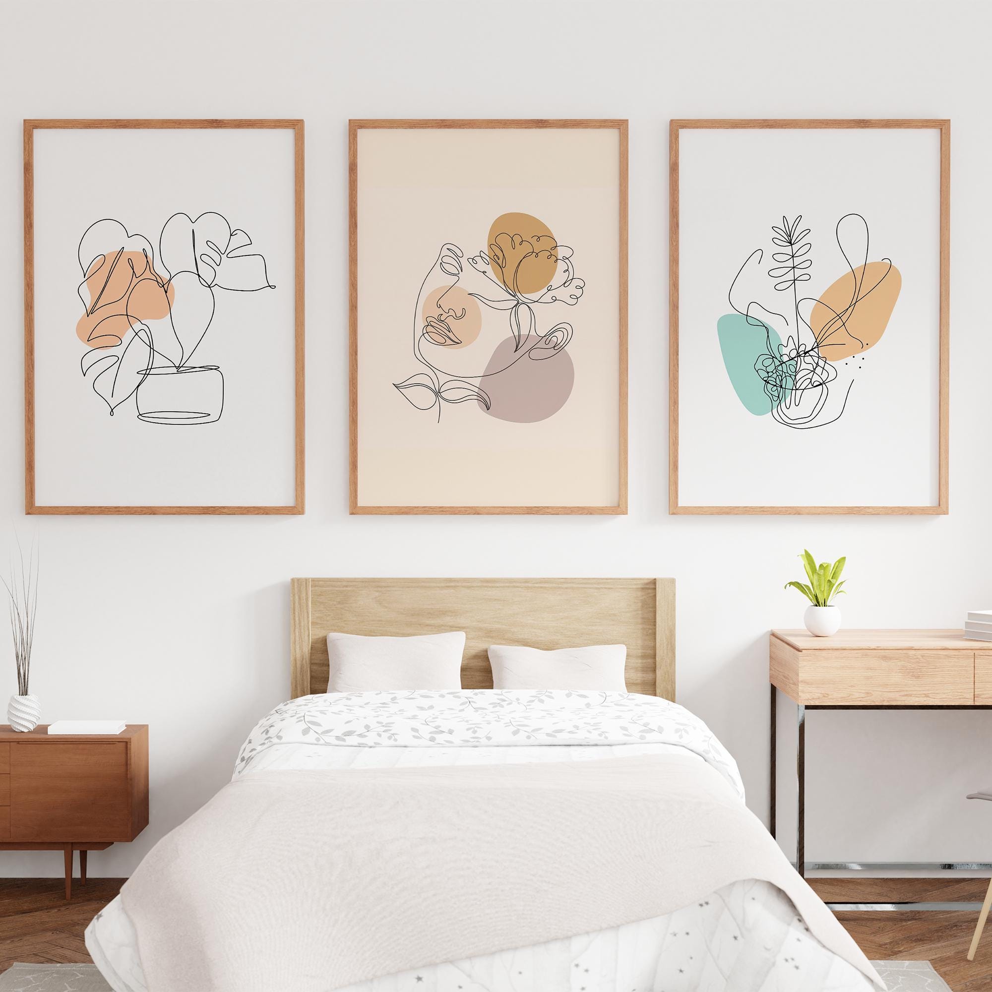 Boho Botanical Line Art Prints – Minimalist Plant & Face Wall Art Set of 3 – Neutral Abstract Poster for Modern Home Decor
