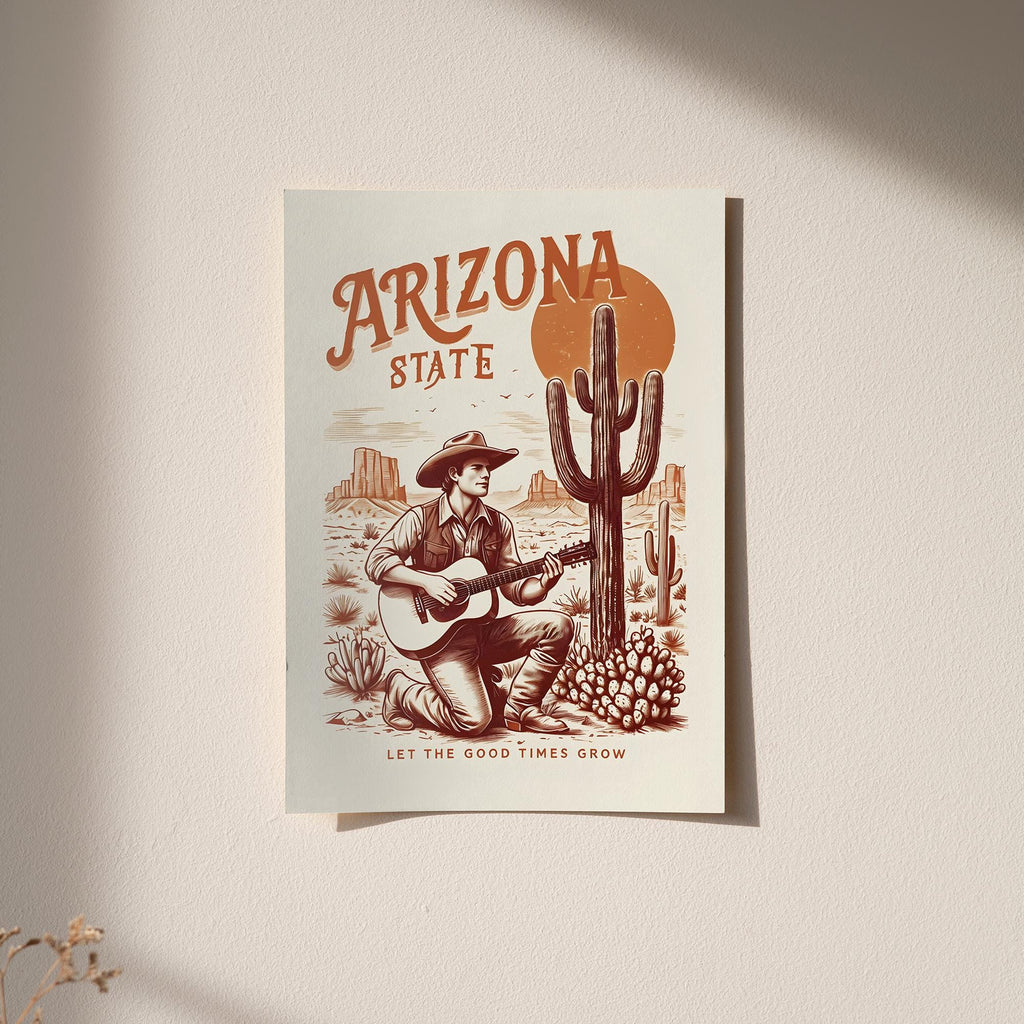 Arizona Desert Cowboy Art | Framed Poster or Canvas | Guitar & Cactus Wall Decor | Premium Quality | Multiple Sizes Frame Colors
