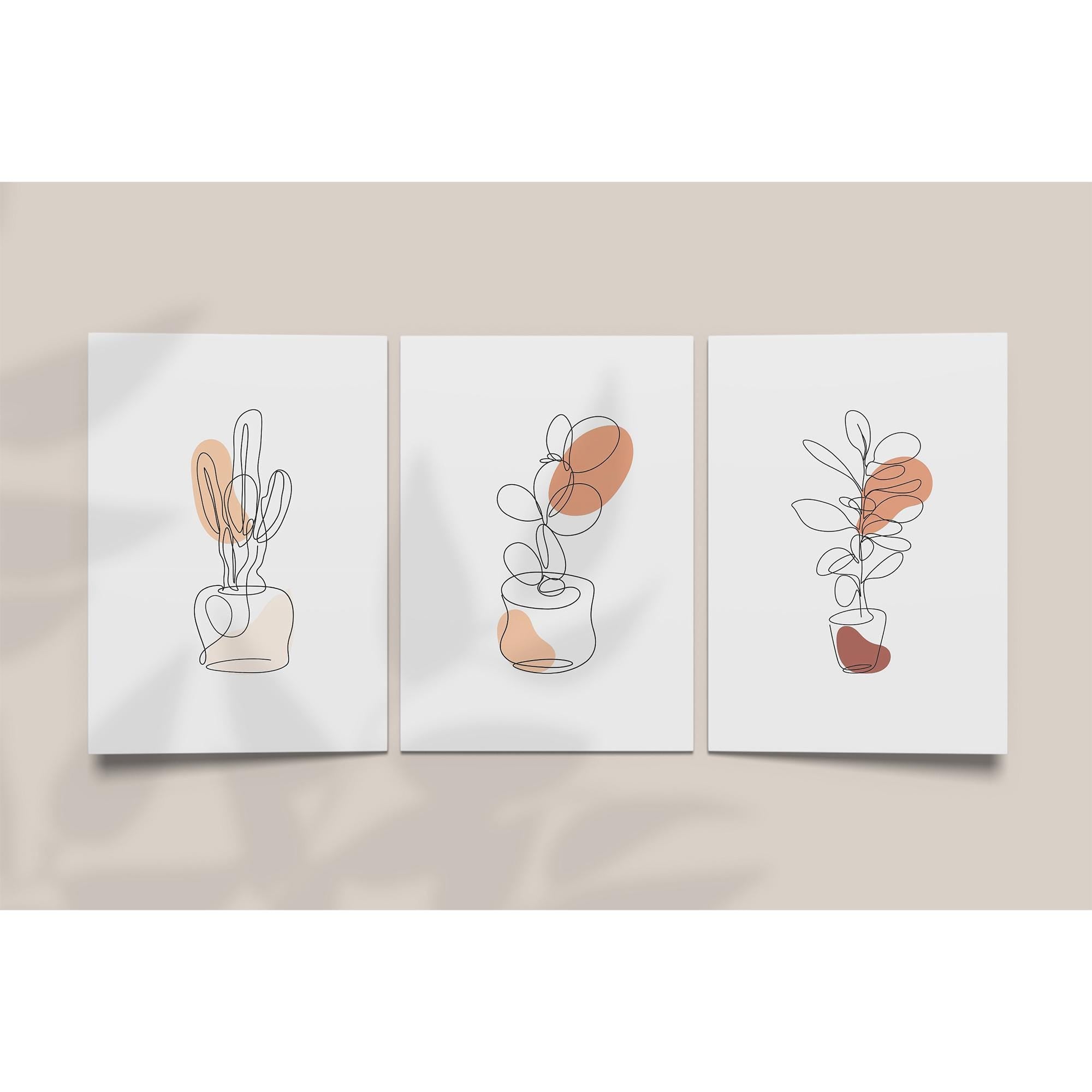 Minimalist Line Art Plant Set - 3 Piece Botanical Wall Art, Abstract Plant Prints, Scandinavian Decor, Modern Home Office Artwork