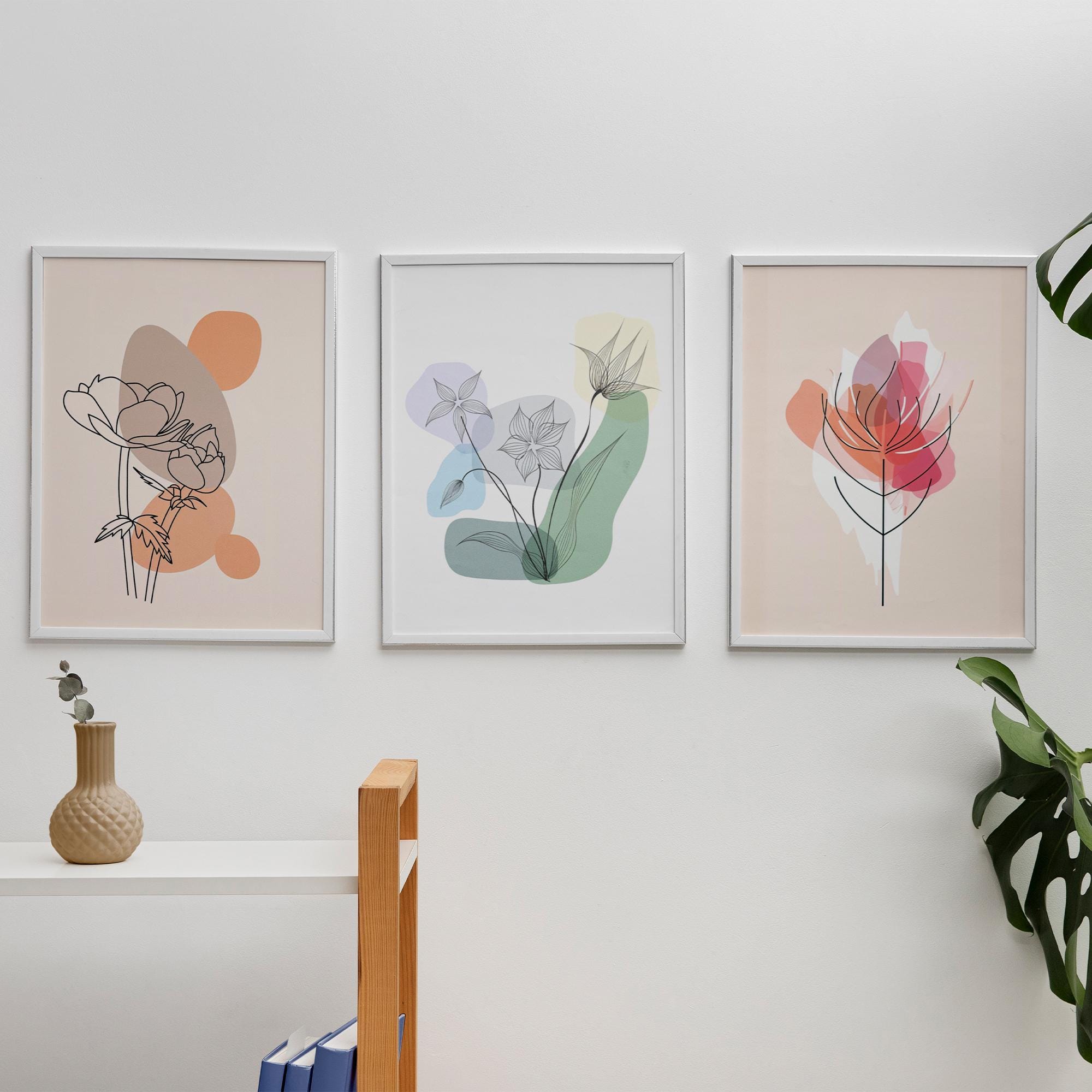 Modern Botanical Line Art Set of 3 – Minimalist Flower Wall Art Prints for Living Room, Bedroom, Office – Nordic Aesthetic Decor