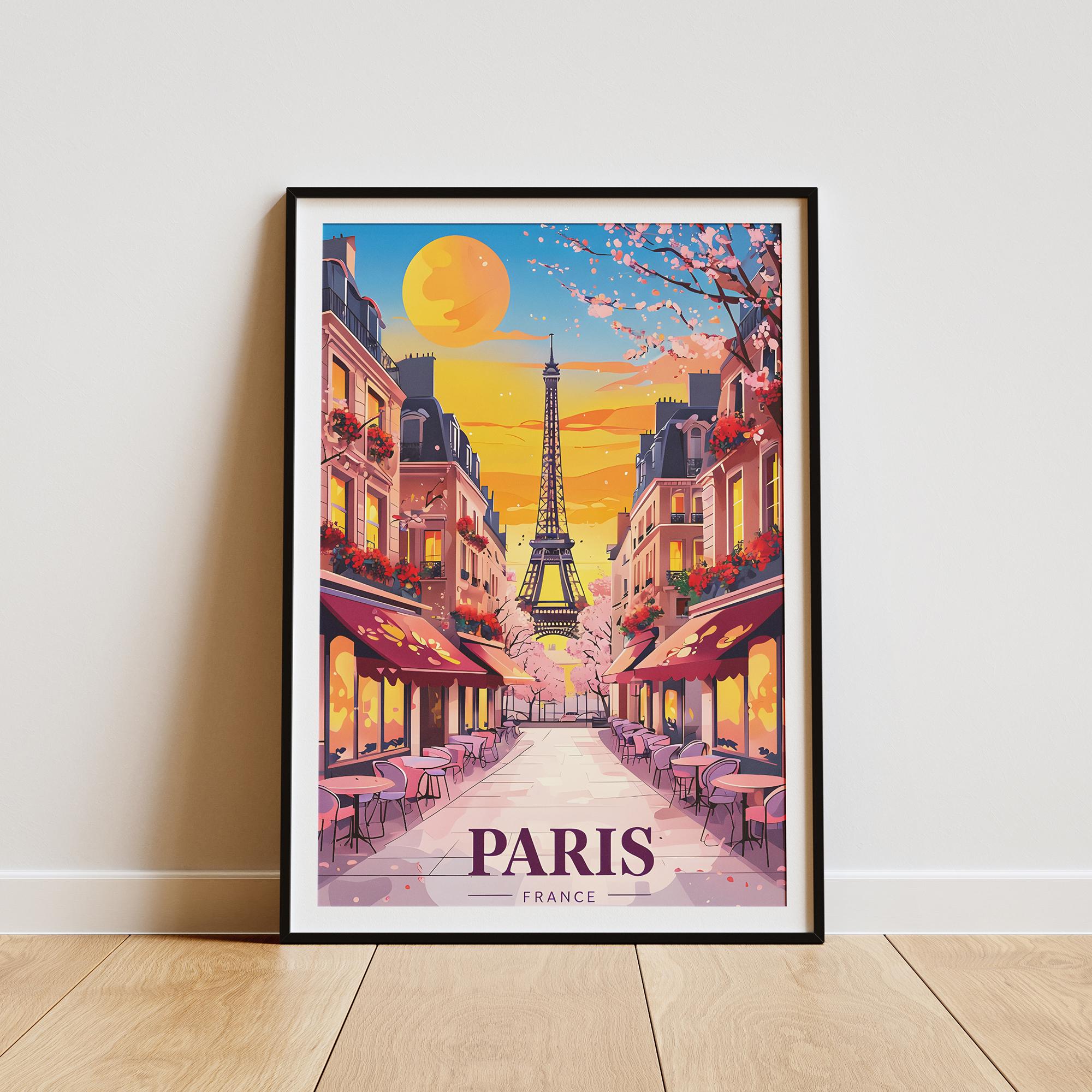 Paris Sunset Poster - Eiffel Tower Wall Art - Romantic Parisian Street - Framed & Unframed Options - Home and Cafe Decor - Digital Download