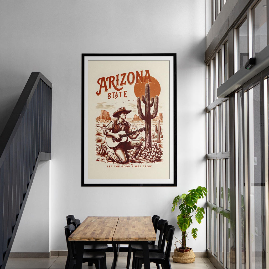 Arizona Desert Cowboy Art | Framed Poster or Canvas | Guitar & Cactus Wall Decor | Premium Quality | Multiple Sizes Frame Colors