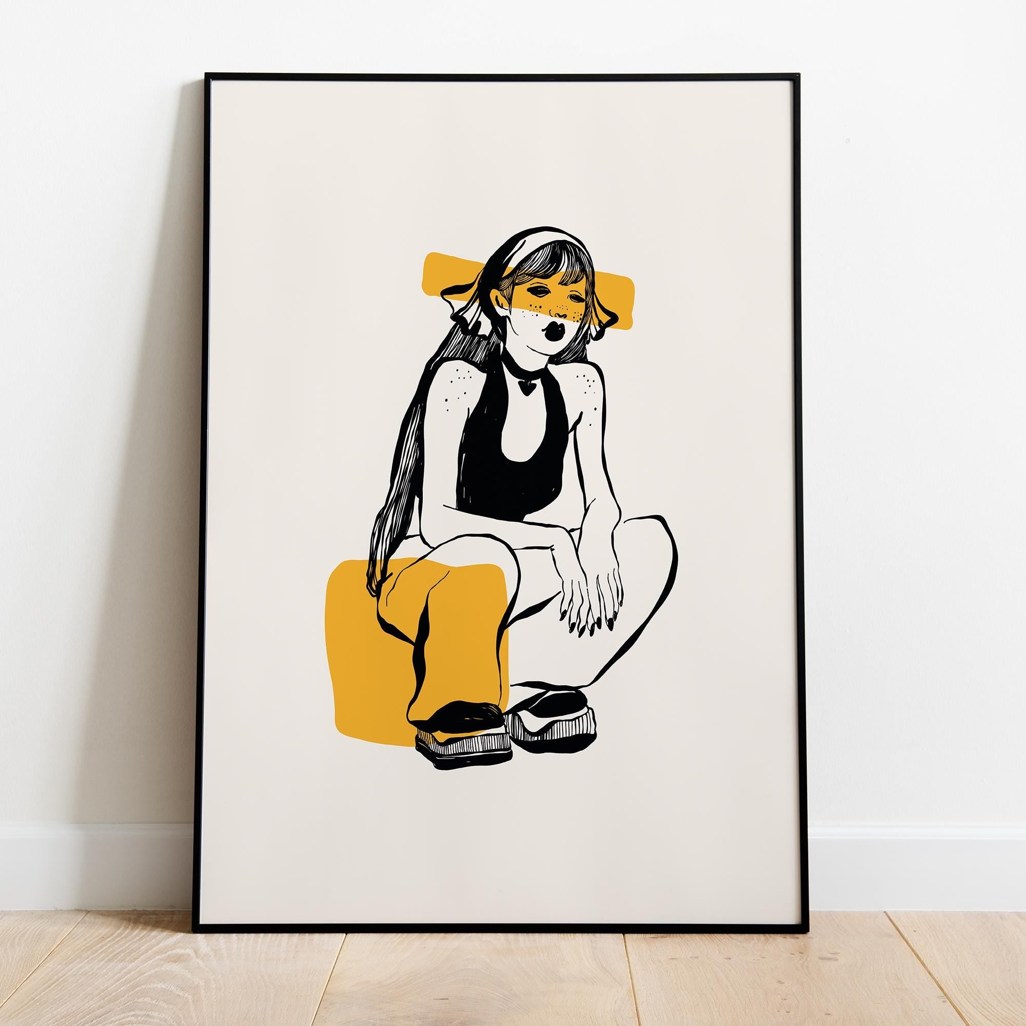 Abstract Illustration Framed Poster - Minimalist Black/Yellow Art Print - Matte Paper with Black/Wood/White Frame - Multiple Sizes