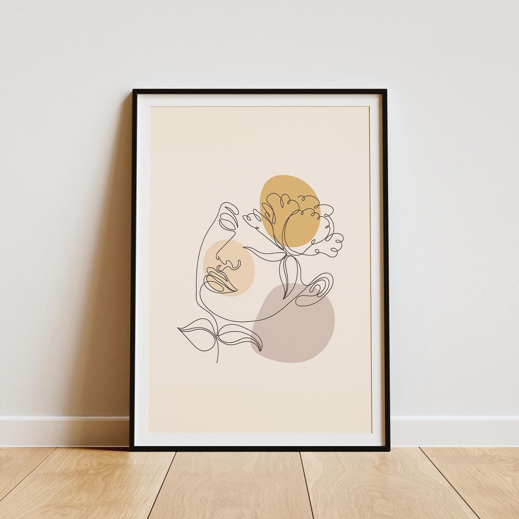 Modern One Line Face Art Print – Minimalist Floral Abstract Wall Art, Neutral Boho Canvas & Framed Poster, Aesthetic Home Decor