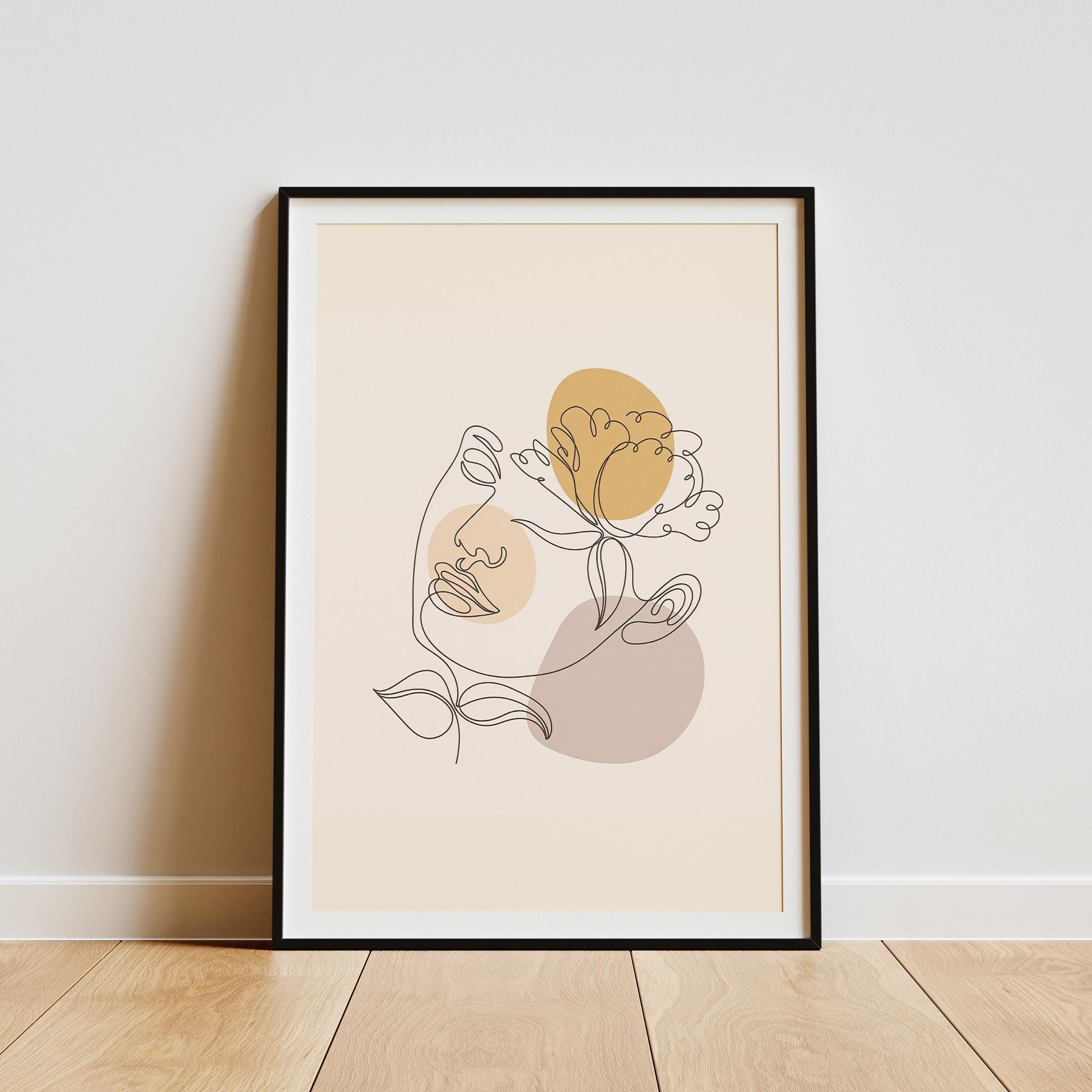 Modern One Line Face Art Print – Minimalist Floral Abstract Wall Art, Neutral Boho Canvas & Framed Poster, Aesthetic Home Decor