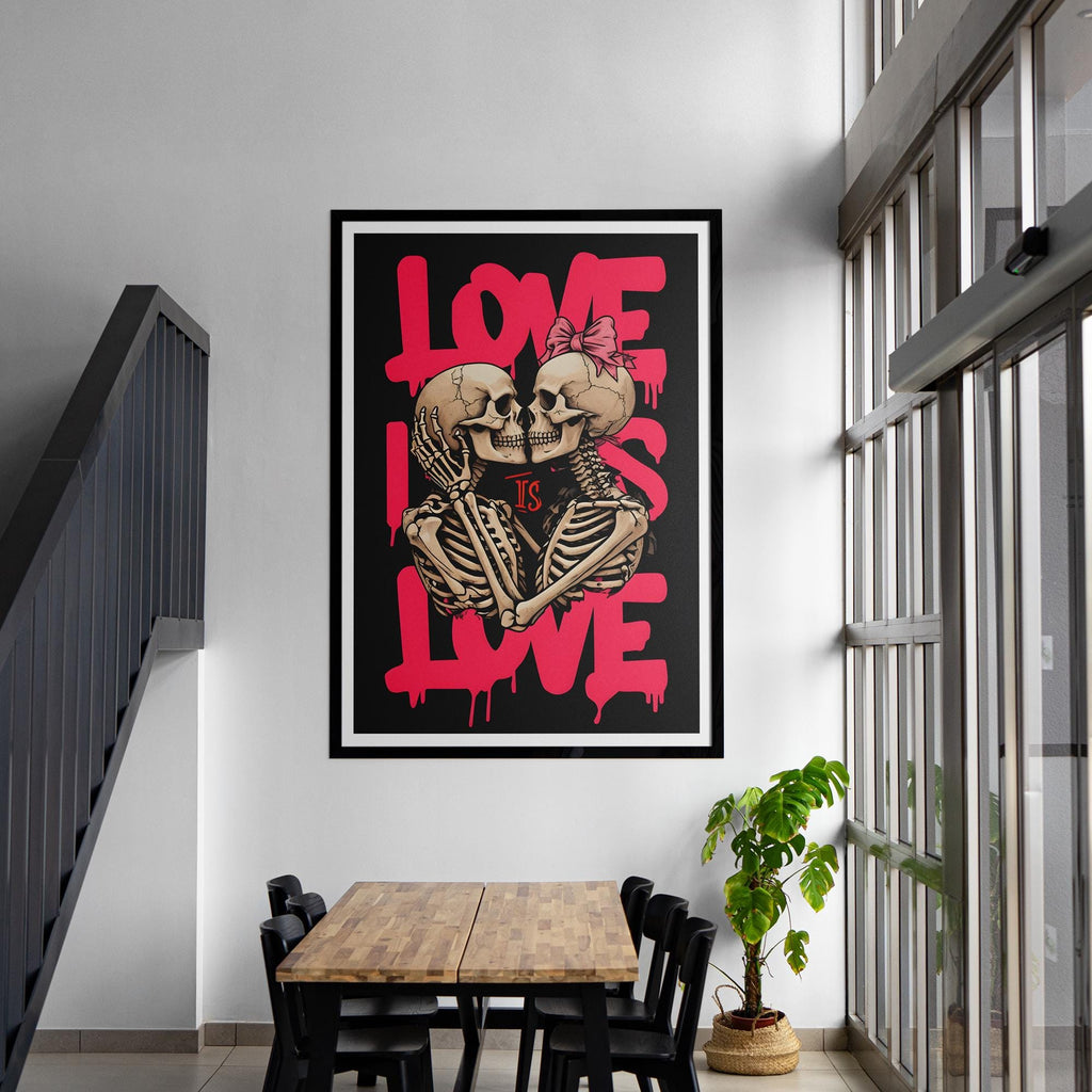 Skeletal Figures Embracing Poster - Love Is Love Art Print - Premium Framed, Museum-Quality Paper, Sustainable Materials - 15 Sizes