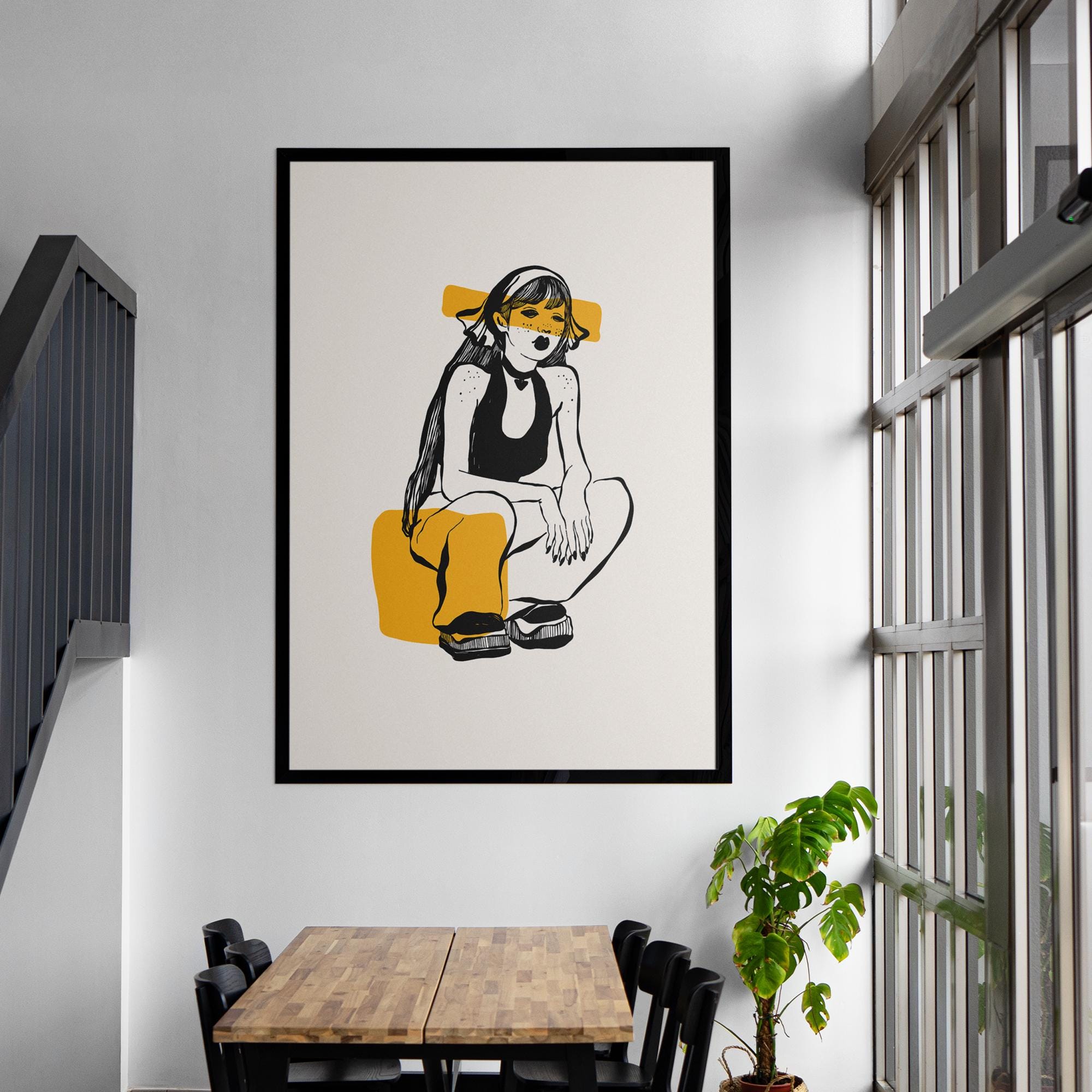 Abstract Illustration Framed Poster - Minimalist Black/Yellow Art Print - Matte Paper with Black/Wood/White Frame - Multiple Sizes