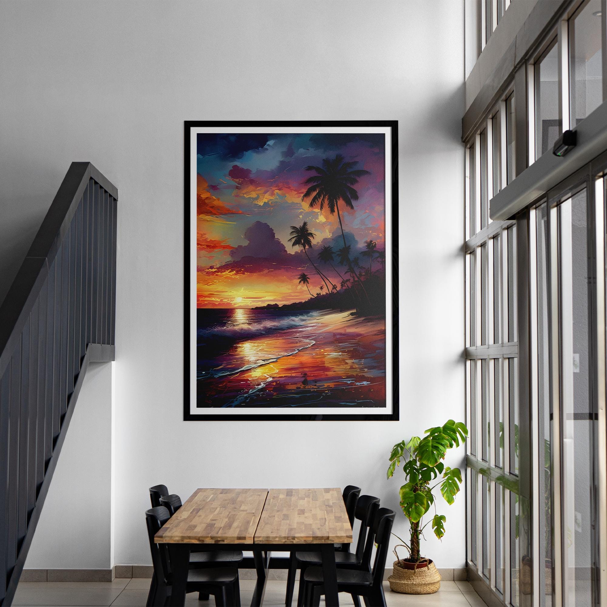 Tropical Sunset Beach Wall Art | Palm Tree Canvas Print | Ocean Sunset Decor | Vibrant Seascape Painting | Framed | Digital Print