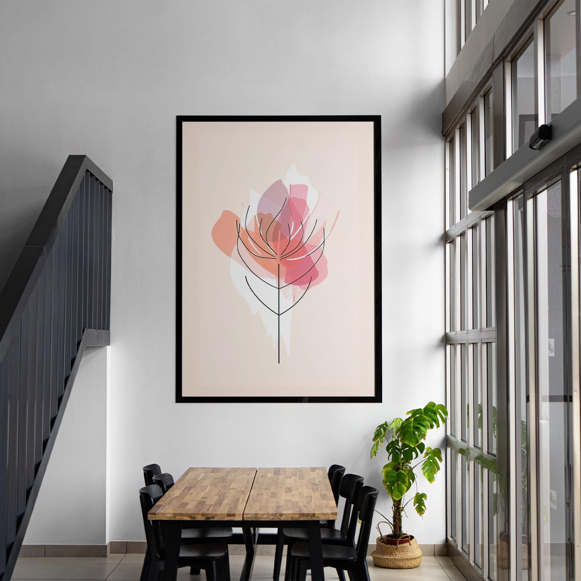 Modern Floral Line Art Poster – Pink Abstract Flower Print, Framed or Canvas Wall Art for Home & Office Decor