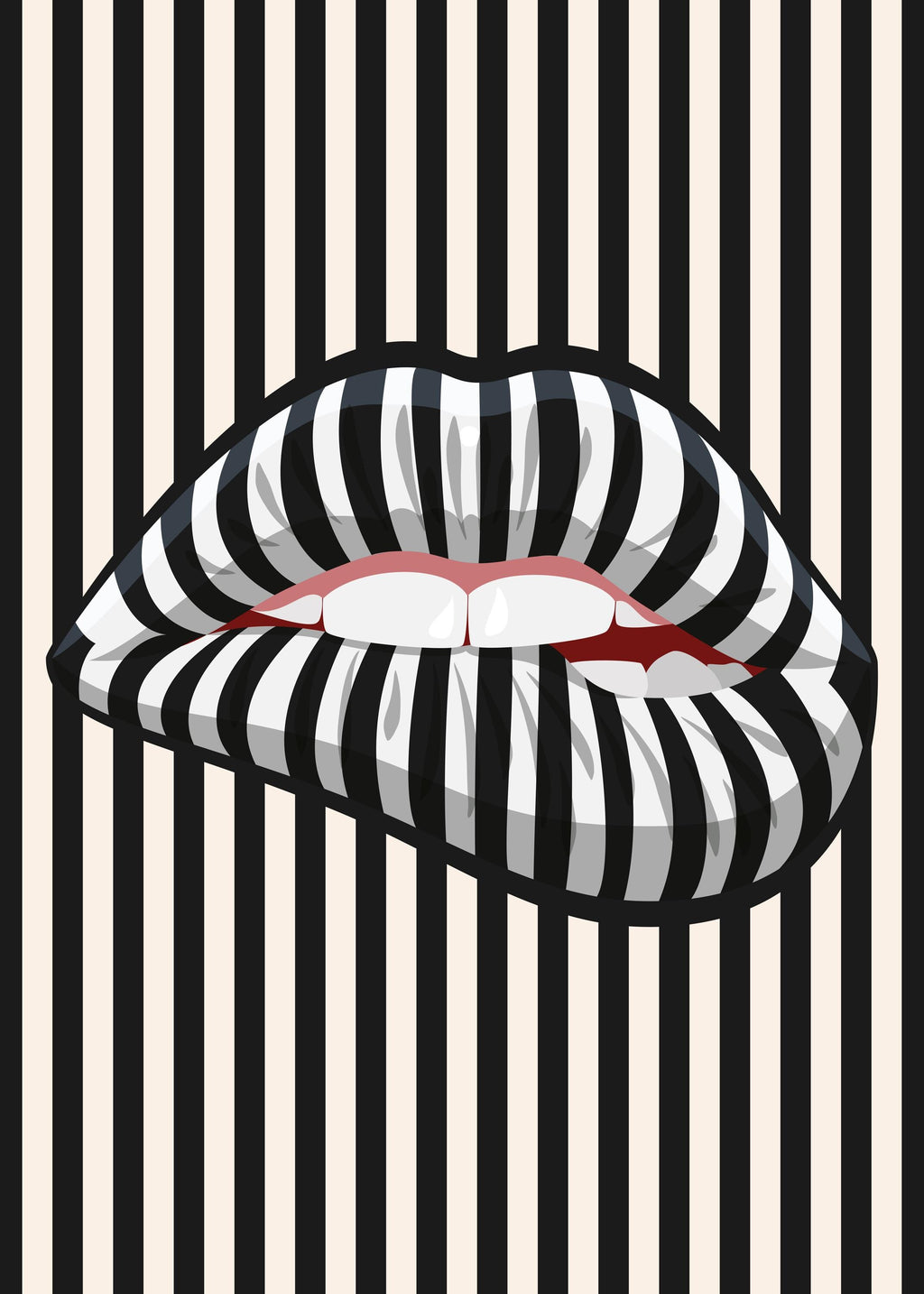 Modern Optical Illusion Art Print - Striped Lips Design, Premium Matte Paper, Durable Wood Frame in Black, White, or Natural Finish
