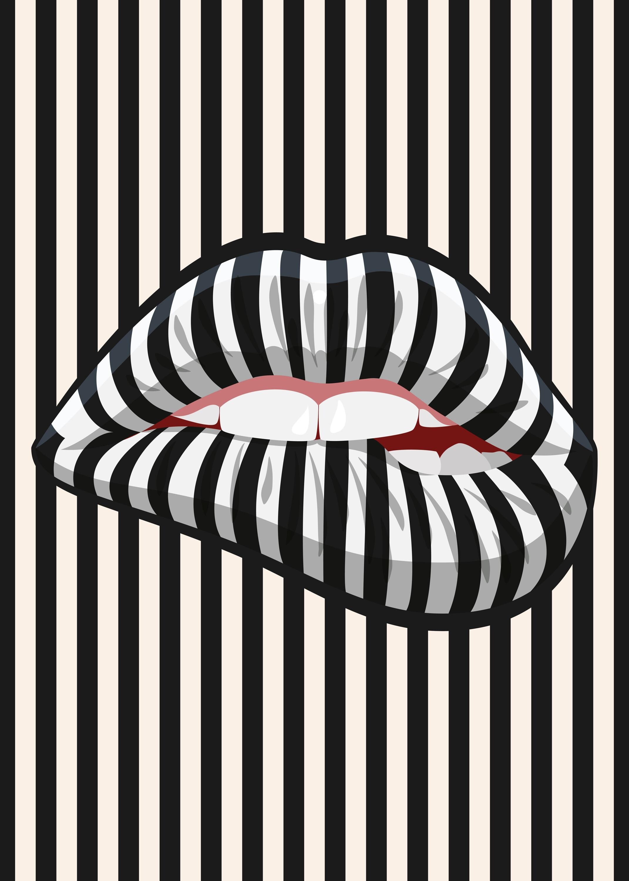 Modern Optical Illusion Art Print - Striped Lips Design, Premium Matte Paper, Durable Wood Frame in Black, White, or Natural Finish