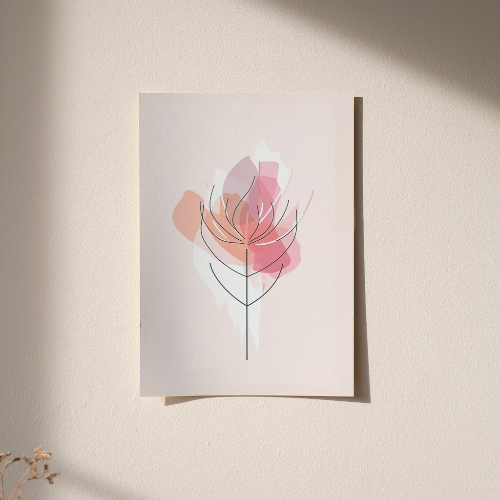 Modern Floral Line Art Poster – Pink Abstract Flower Print, Framed or Canvas Wall Art for Home & Office Decor