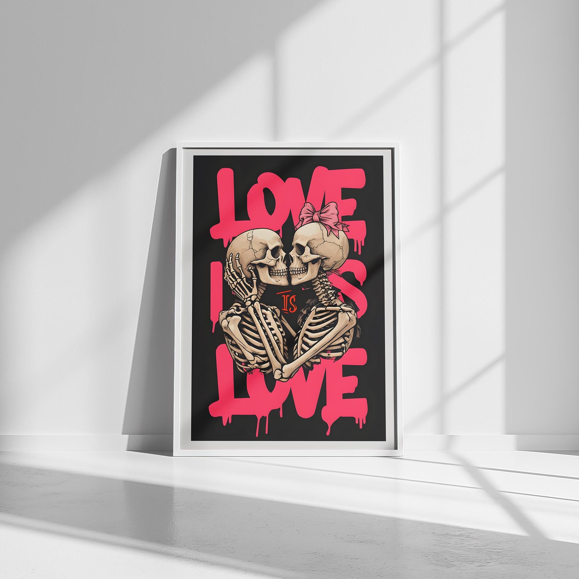 Skeletal Figures Embracing Poster - Love Is Love Art Print - Premium Framed, Museum-Quality Paper, Sustainable Materials - 15 Sizes