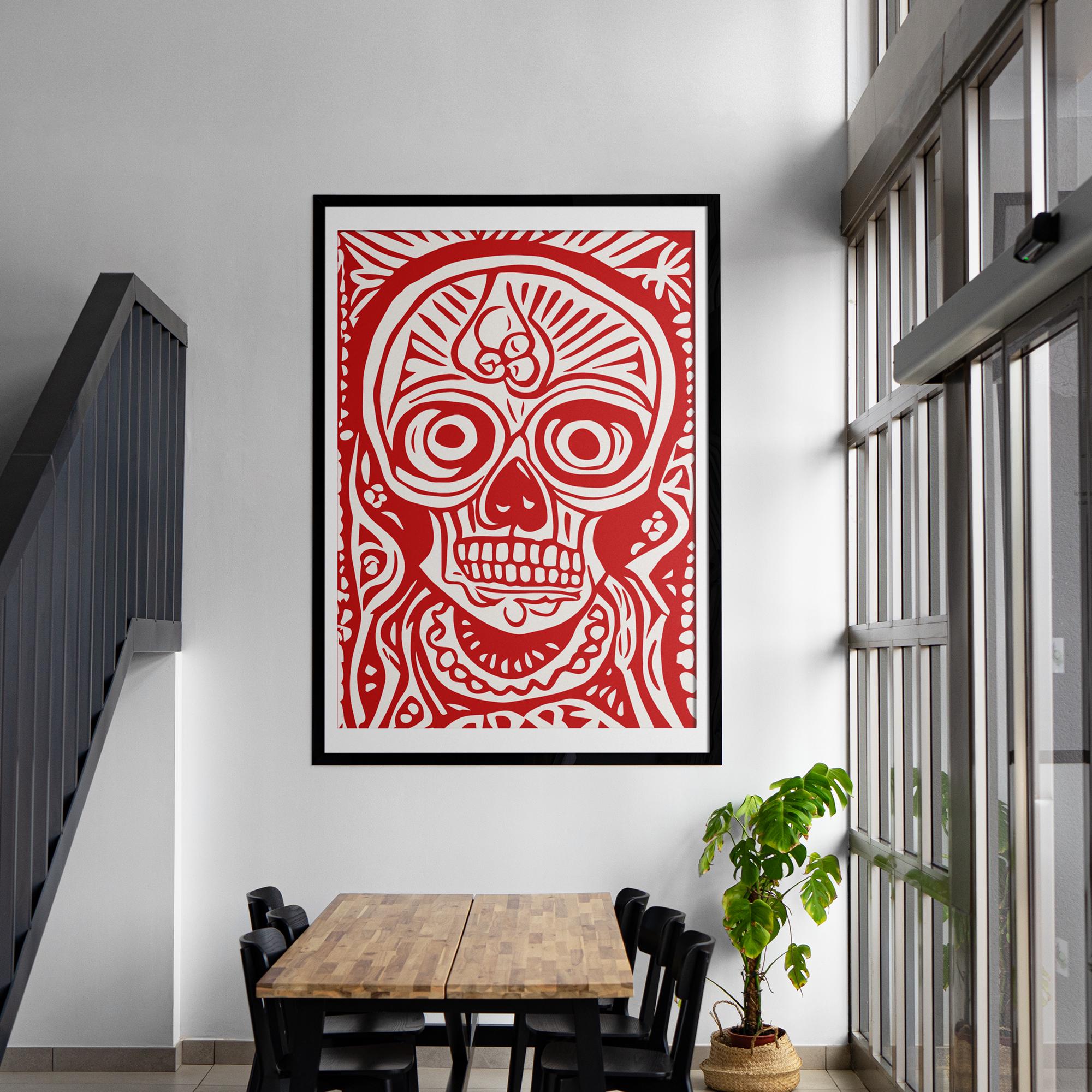 Bold Red Skull Art Print - Museum Quality, Framed in Durable Wood, Ready to Hang, High-Quality Paper, Perfect for Art Lovers!
