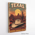 Texas Desert Poster - Premium Wall Art, Cowboy Hat & Cactus Design, FSC Paper, Framed or Canvas Options, Perfect for Rustic Decor