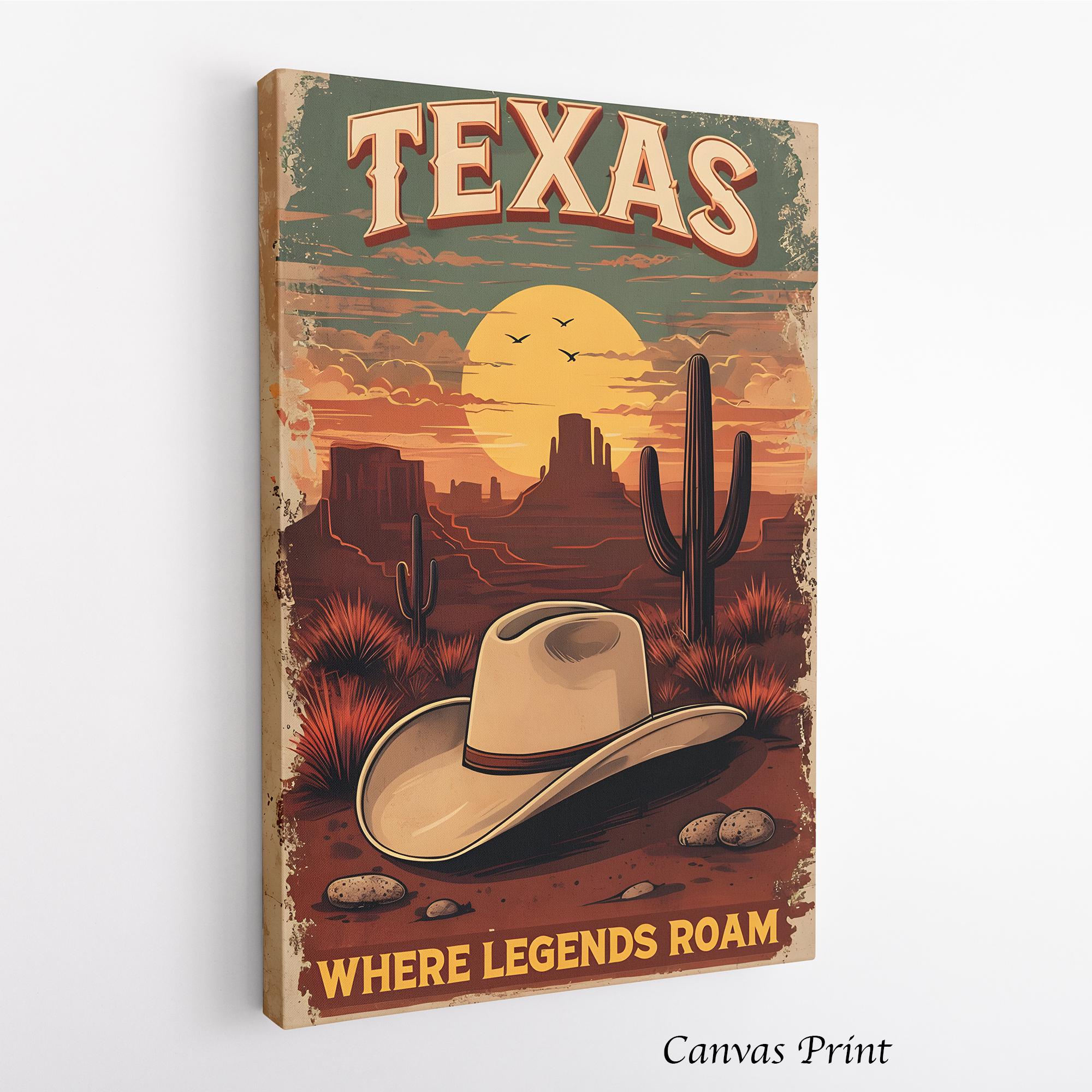 Texas Desert Poster - Premium Wall Art, Cowboy Hat & Cactus Design, FSC Paper, Framed or Canvas Options, Perfect for Rustic Decor