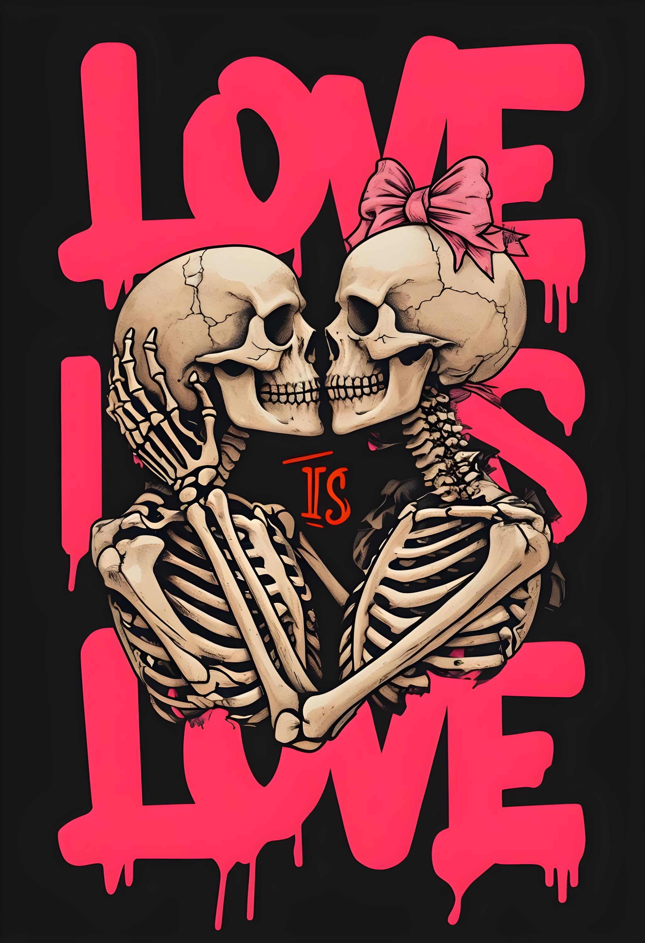 Skeletal Figures Embracing Poster - Love Is Love Art Print - Premium Framed, Museum-Quality Paper, Sustainable Materials - 15 Sizes