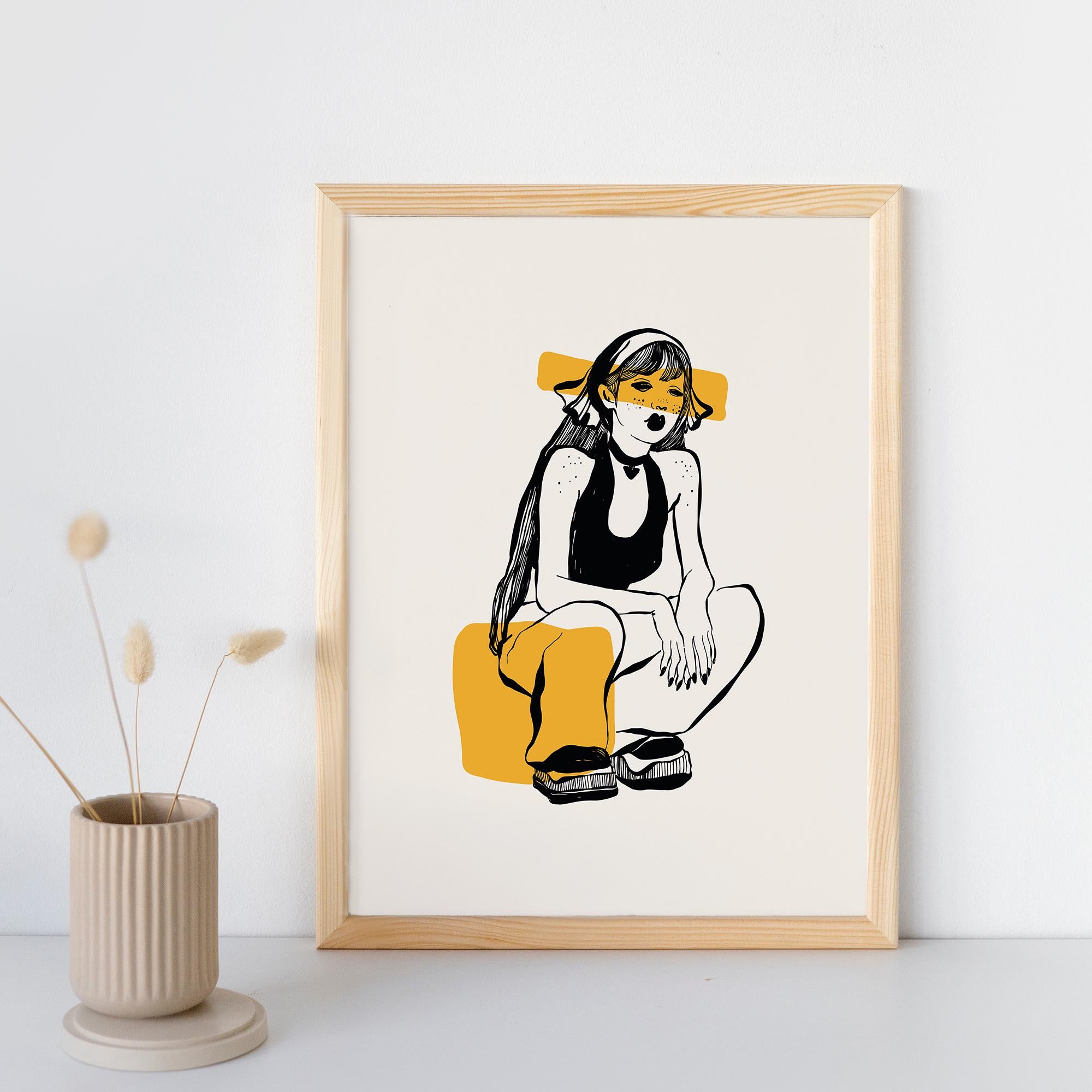 Abstract Illustration Framed Poster - Minimalist Black/Yellow Art Print - Matte Paper with Black/Wood/White Frame - Multiple Sizes