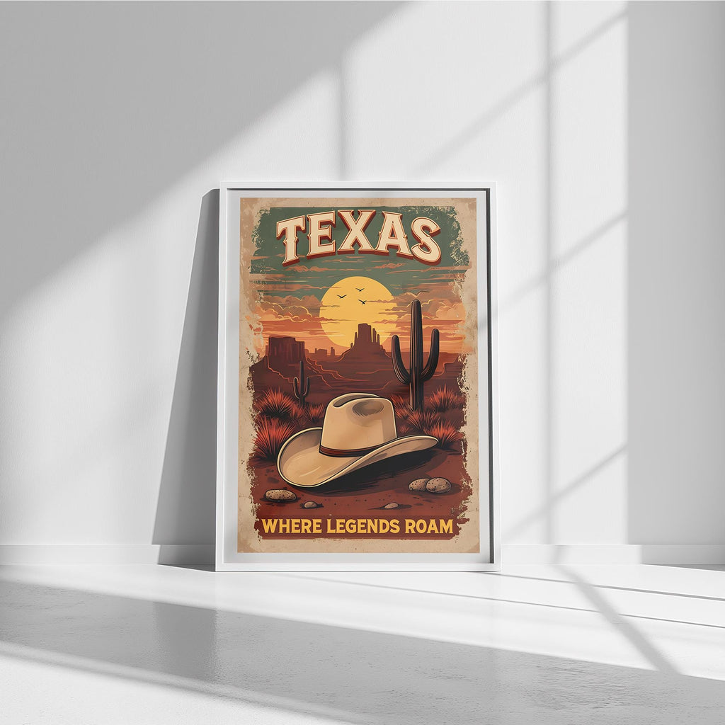 Texas Desert Poster - Premium Wall Art, Cowboy Hat & Cactus Design, FSC Paper, Framed or Canvas Options, Perfect for Rustic Decor