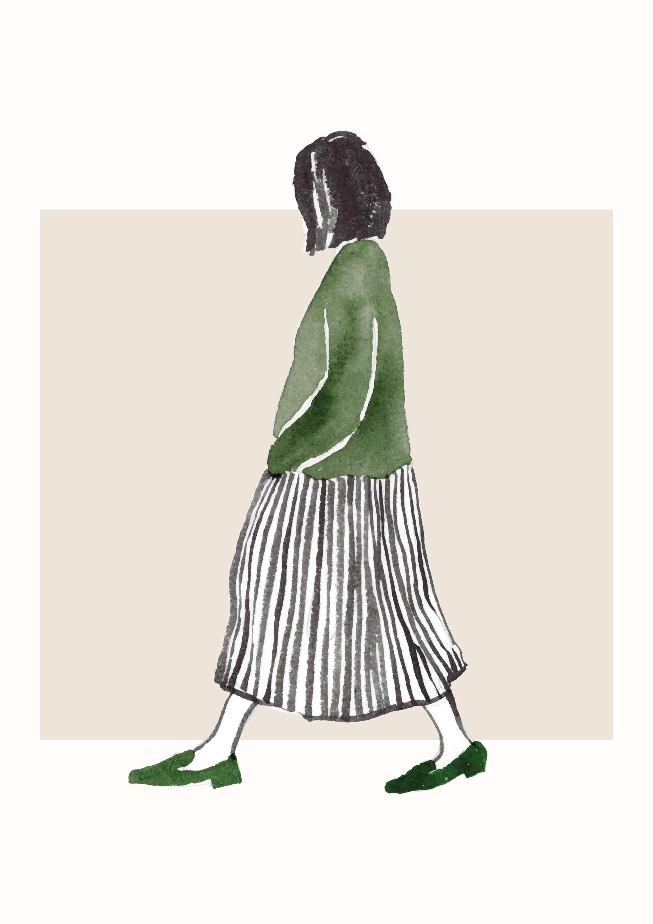Minimalist Walking Woman Poster - Museum-Quality Matte Paper with Durable Wooden Frame, Available in Black, White, and Wood - 15 Sizes