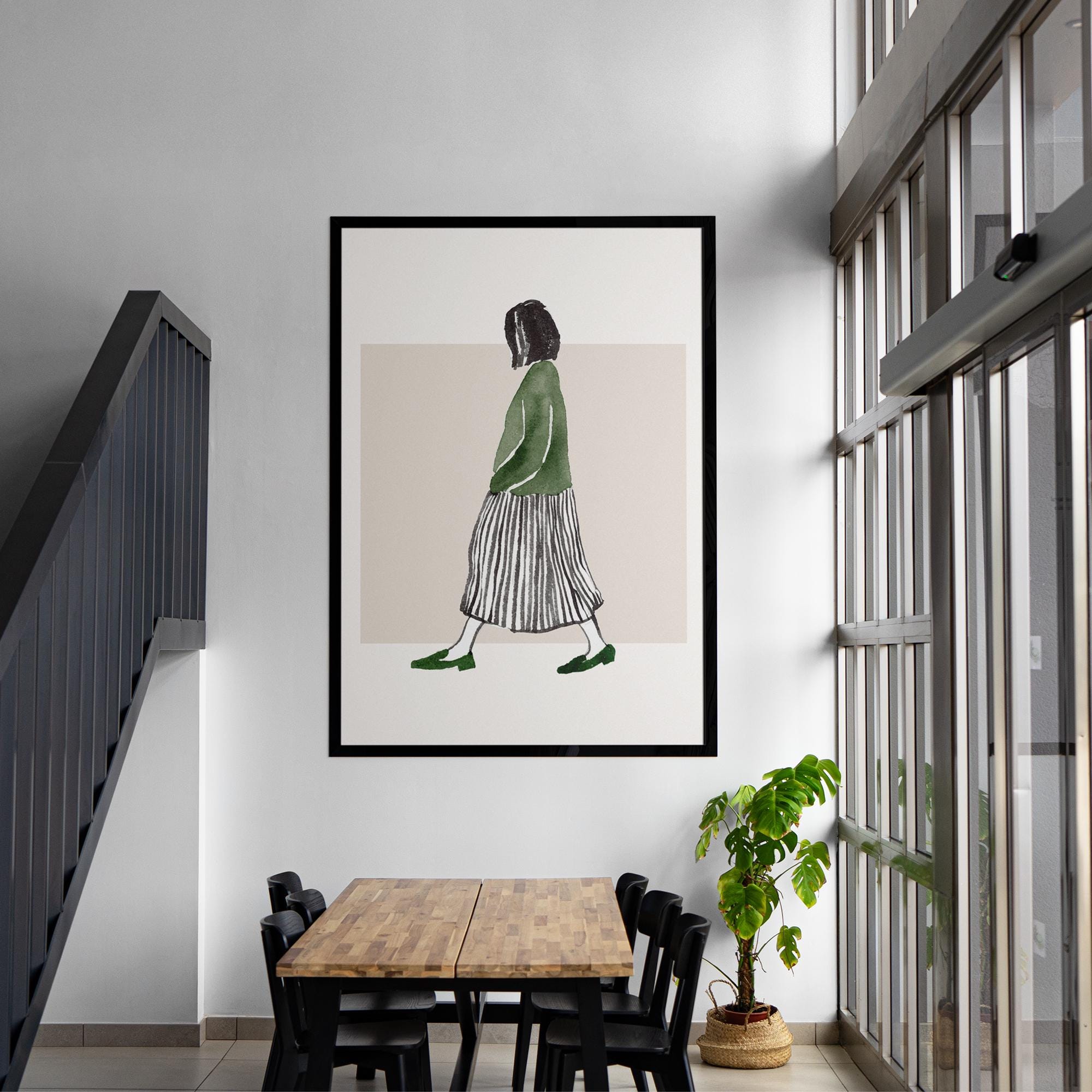 Minimalist Walking Woman Poster - Museum-Quality Matte Paper with Durable Wooden Frame, Available in Black, White, and Wood - 15 Sizes