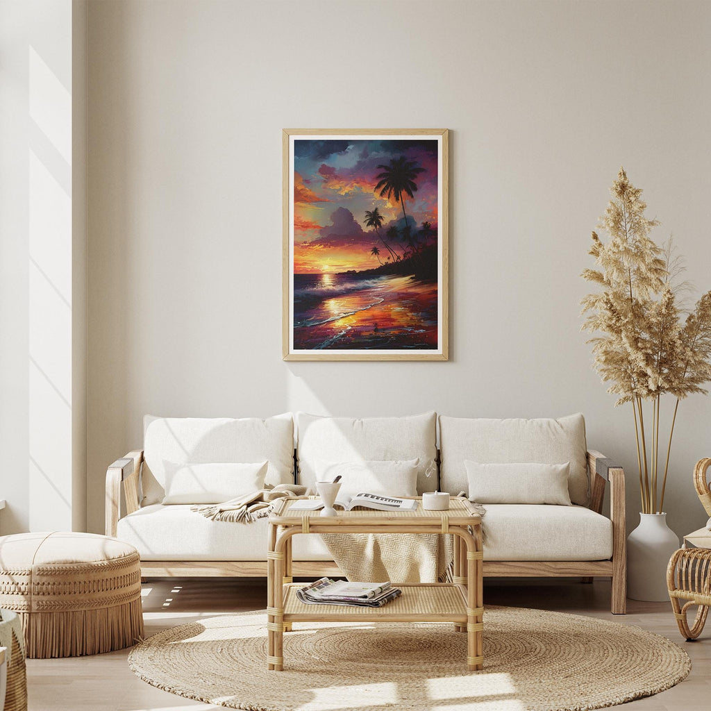 Tropical Sunset Beach Wall Art | Palm Tree Canvas Print | Ocean Sunset Decor | Vibrant Seascape Painting | Framed or Unframed Poster
