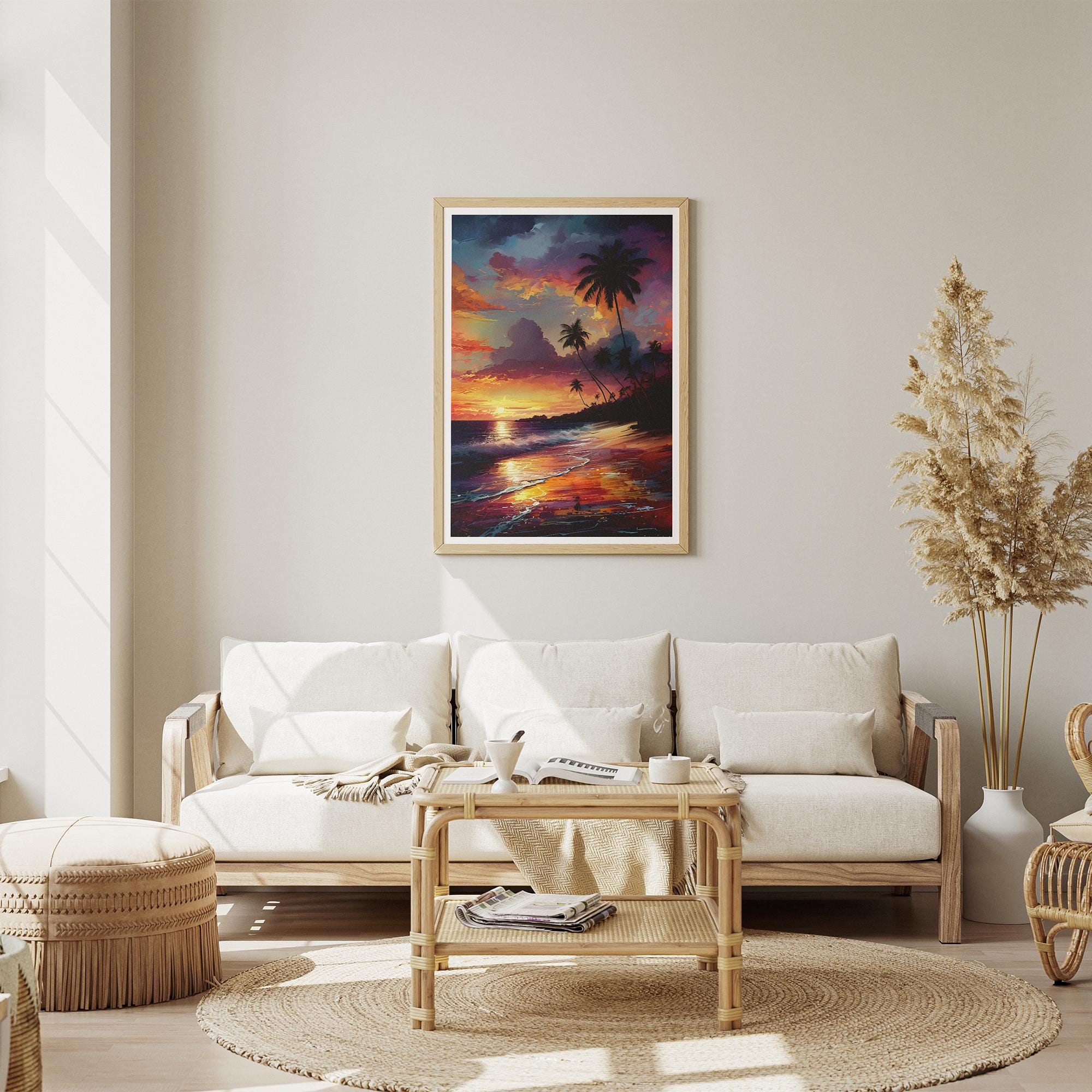 Tropical Sunset Beach Wall Art | Palm Tree Canvas Print | Ocean Sunset Decor | Vibrant Seascape Painting | Framed or Unframed Poster