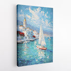 Coastal Impressionist Canvas Print – Mediterranean Seaside Art, Framed Wall Decor, Nautical Sailboat Painting, Ocean Blue Digital Download