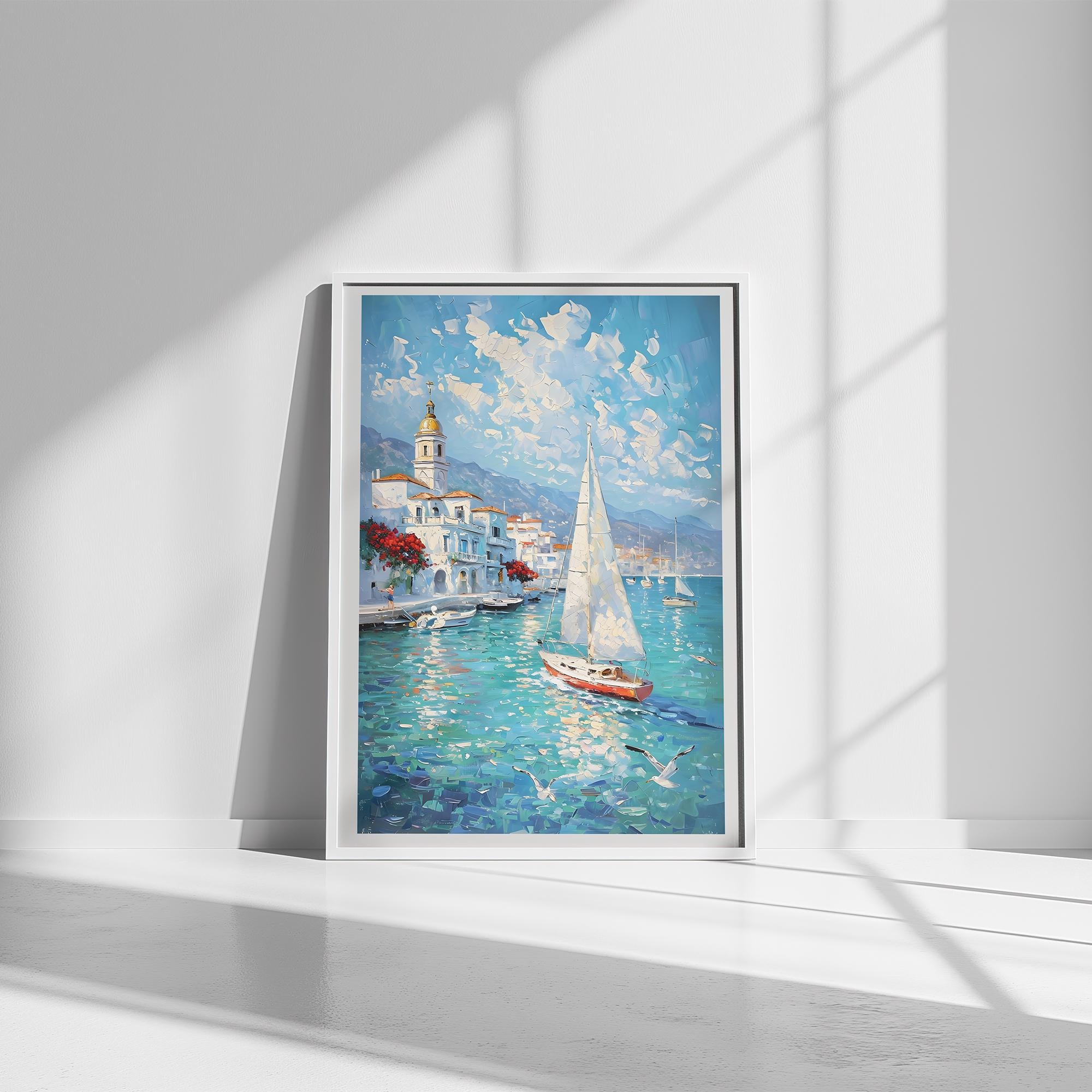 Coastal Impressionist Canvas Print – Mediterranean Seaside Art, Framed Wall Decor, Nautical Sailboat Painting, Ocean Blue Digital Download