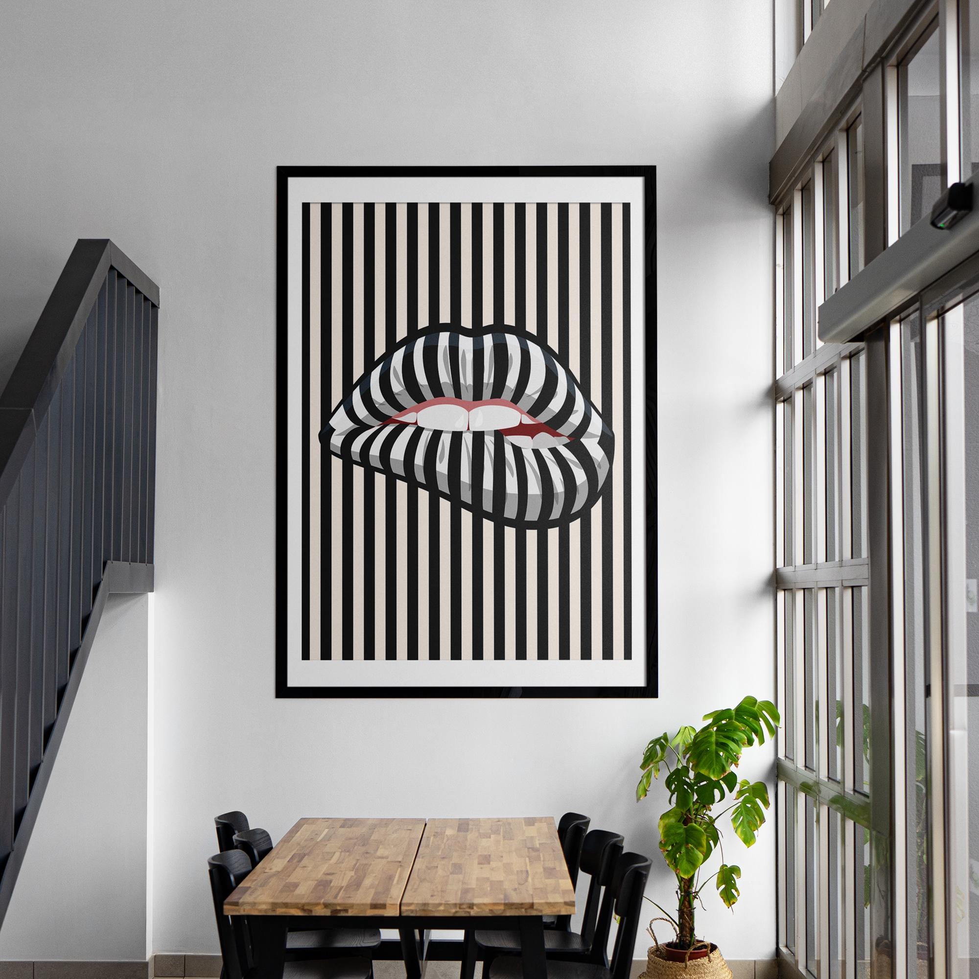 Modern Optical Illusion Art Print - Striped Lips Design, Premium Matte Paper, Durable Wood Frame in Black, White, or Natural Finish