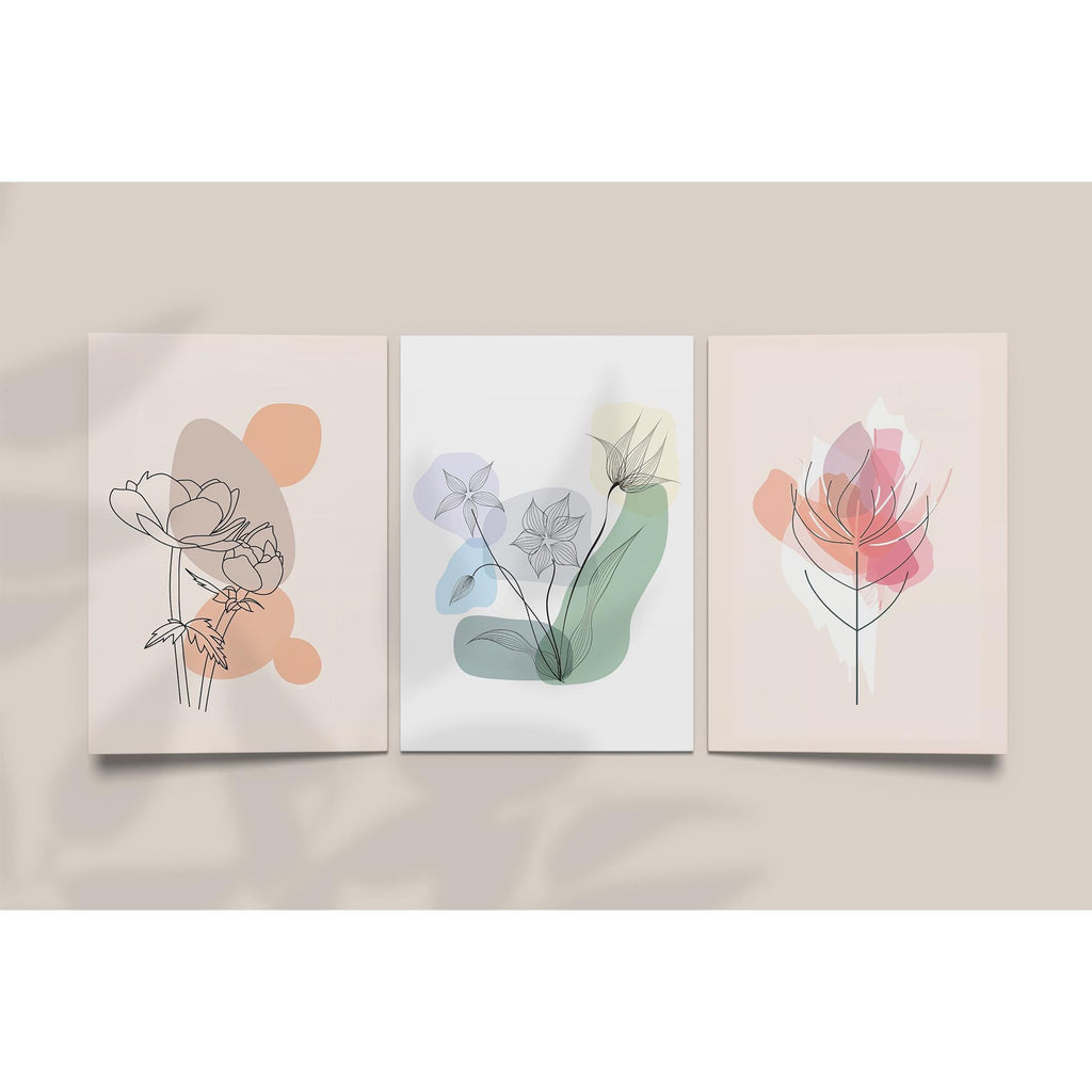 Modern Botanical Line Art Set of 3 – Minimalist Flower Wall Art Prints for Living Room, Bedroom, Office – Nordic Aesthetic Decor