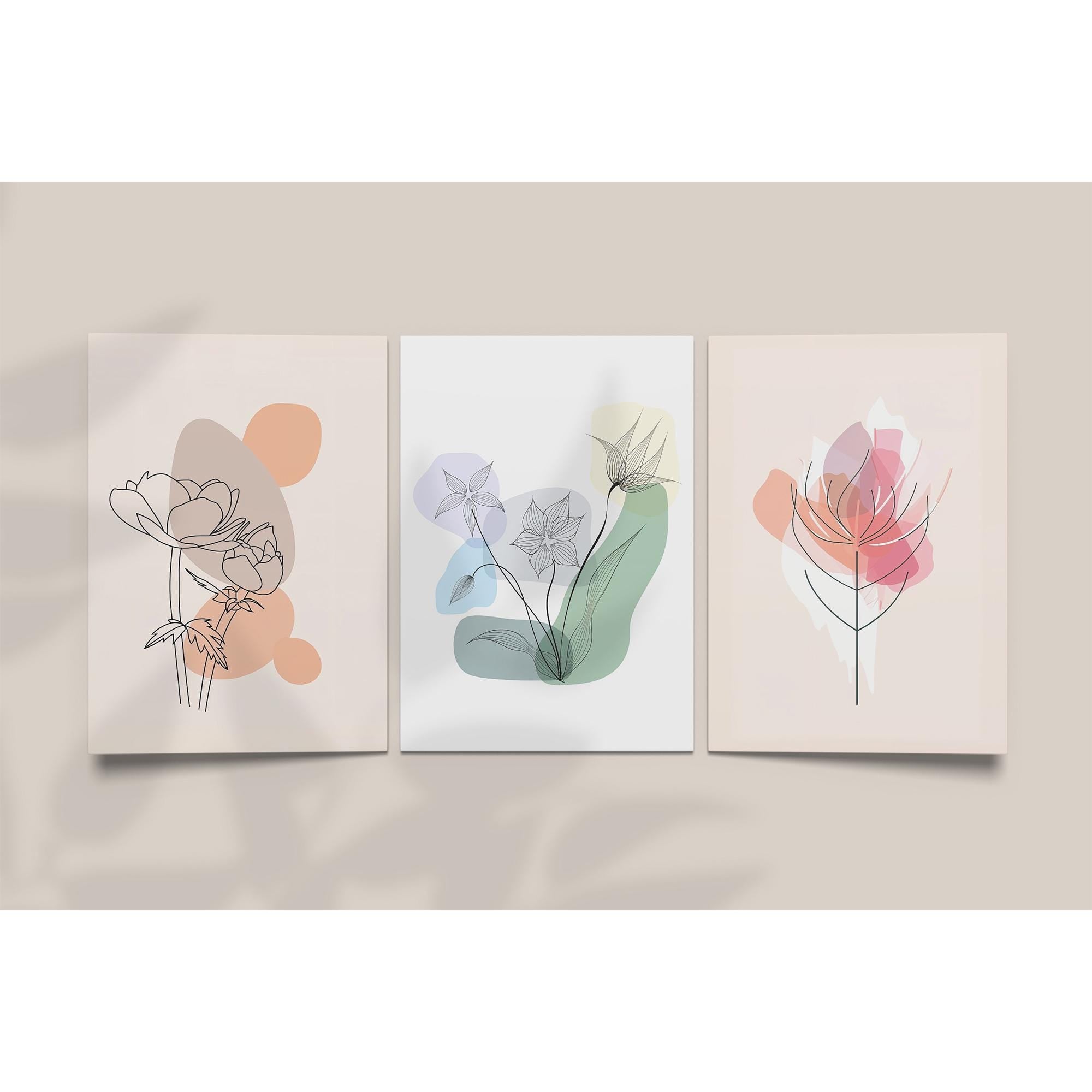 Modern Botanical Line Art Set of 3 – Minimalist Flower Wall Art Prints for Living Room, Bedroom, Office – Nordic Aesthetic Decor