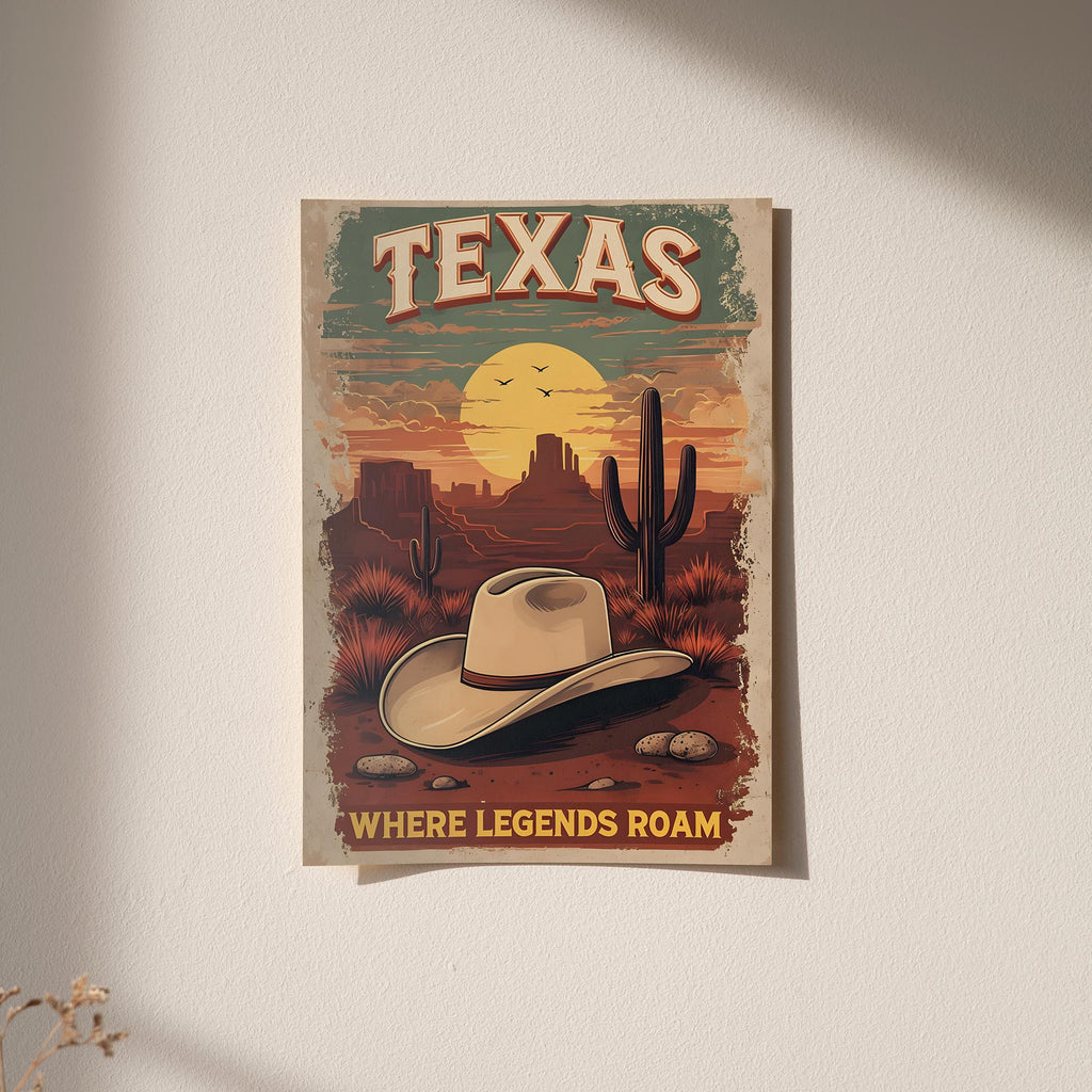 Texas Desert Poster - Premium Wall Art, Cowboy Hat & Cactus Design, FSC Paper, Framed or Canvas Options, Perfect for Rustic Decor