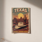 Texas Desert Poster - Premium Wall Art, Cowboy Hat & Cactus Design, FSC Paper, Framed or Canvas Options, Perfect for Rustic Decor
