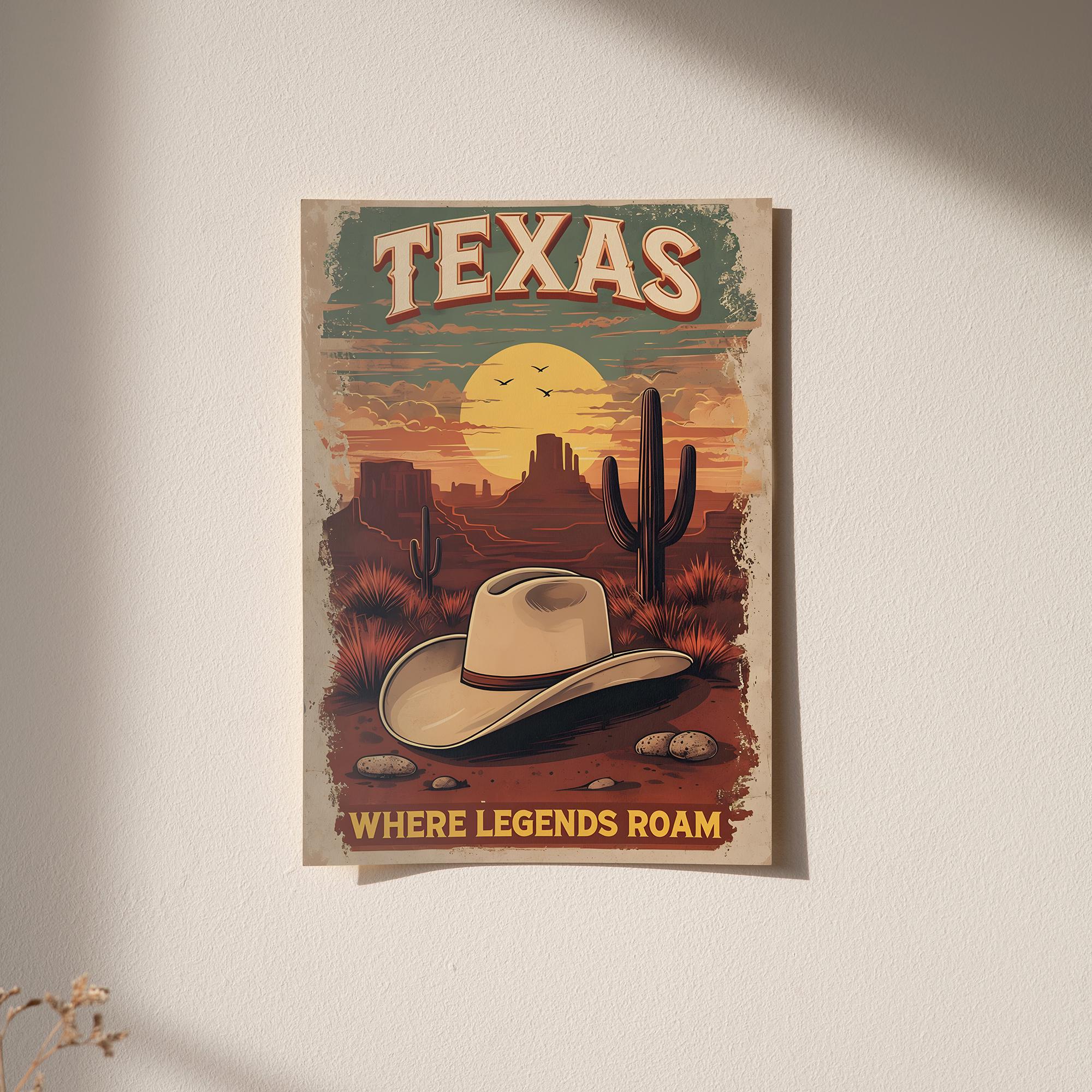 Texas Desert Poster - Premium Wall Art, Cowboy Hat & Cactus Design, FSC Paper, Framed or Canvas Options, Perfect for Rustic Decor