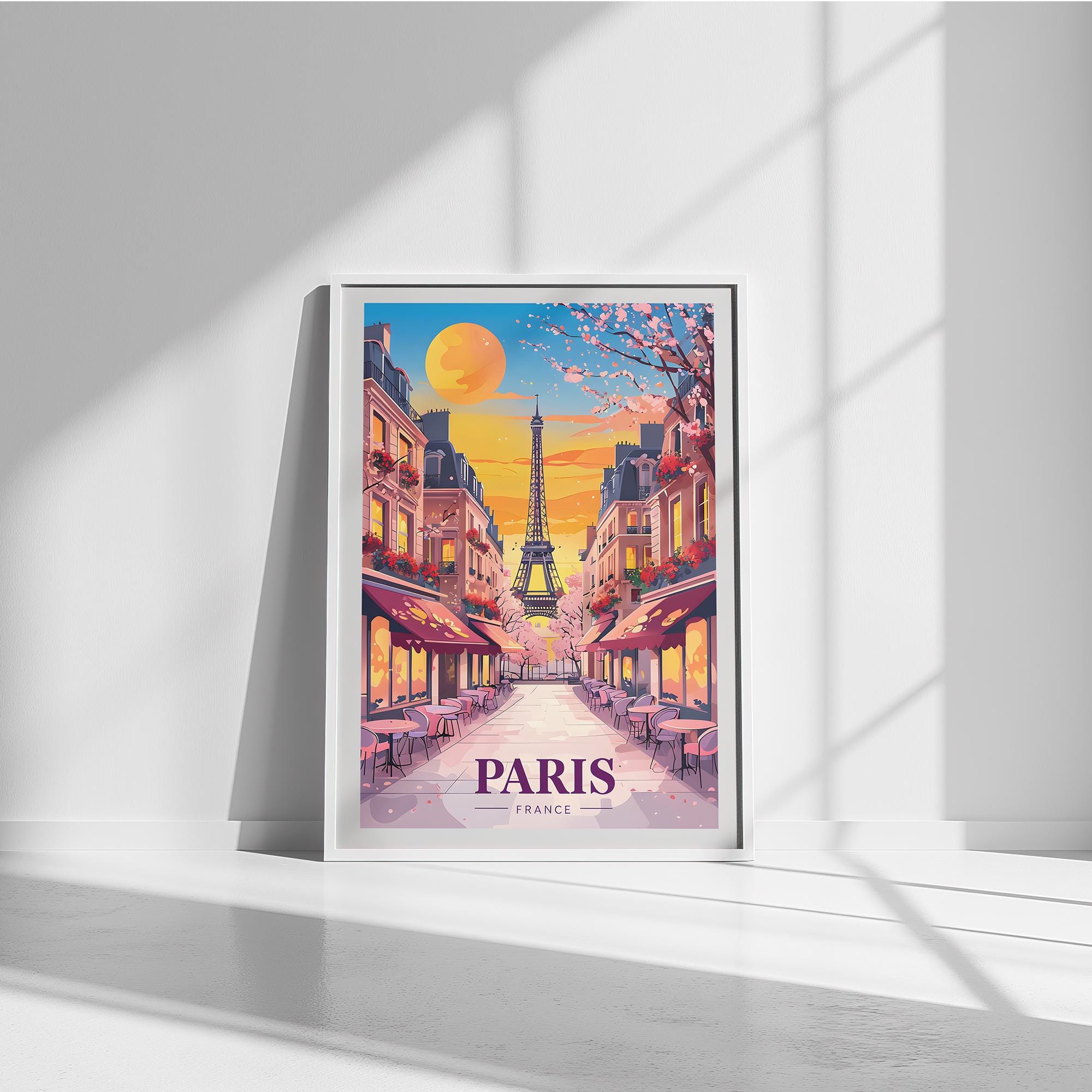 Paris Sunset Poster - Eiffel Tower Wall Art - Romantic Parisian Street - Framed & Unframed Options - Home and Cafe Decor