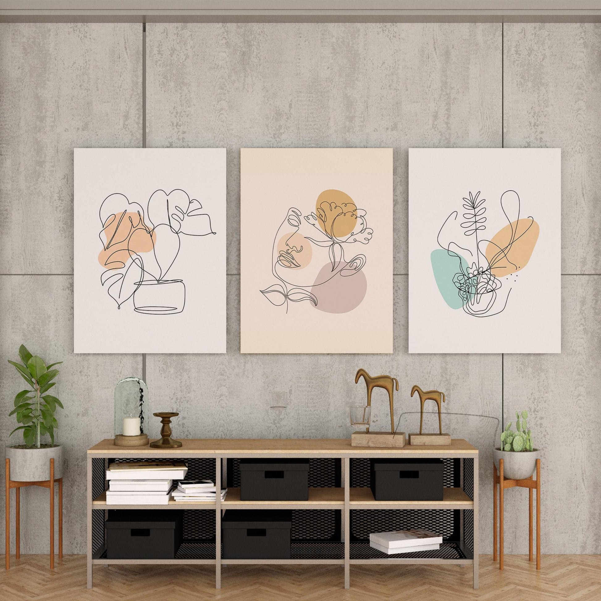 Boho Botanical Line Art Prints – Minimalist Plant & Face Wall Art Set of 3 – Neutral Abstract Poster for Modern Home Decor