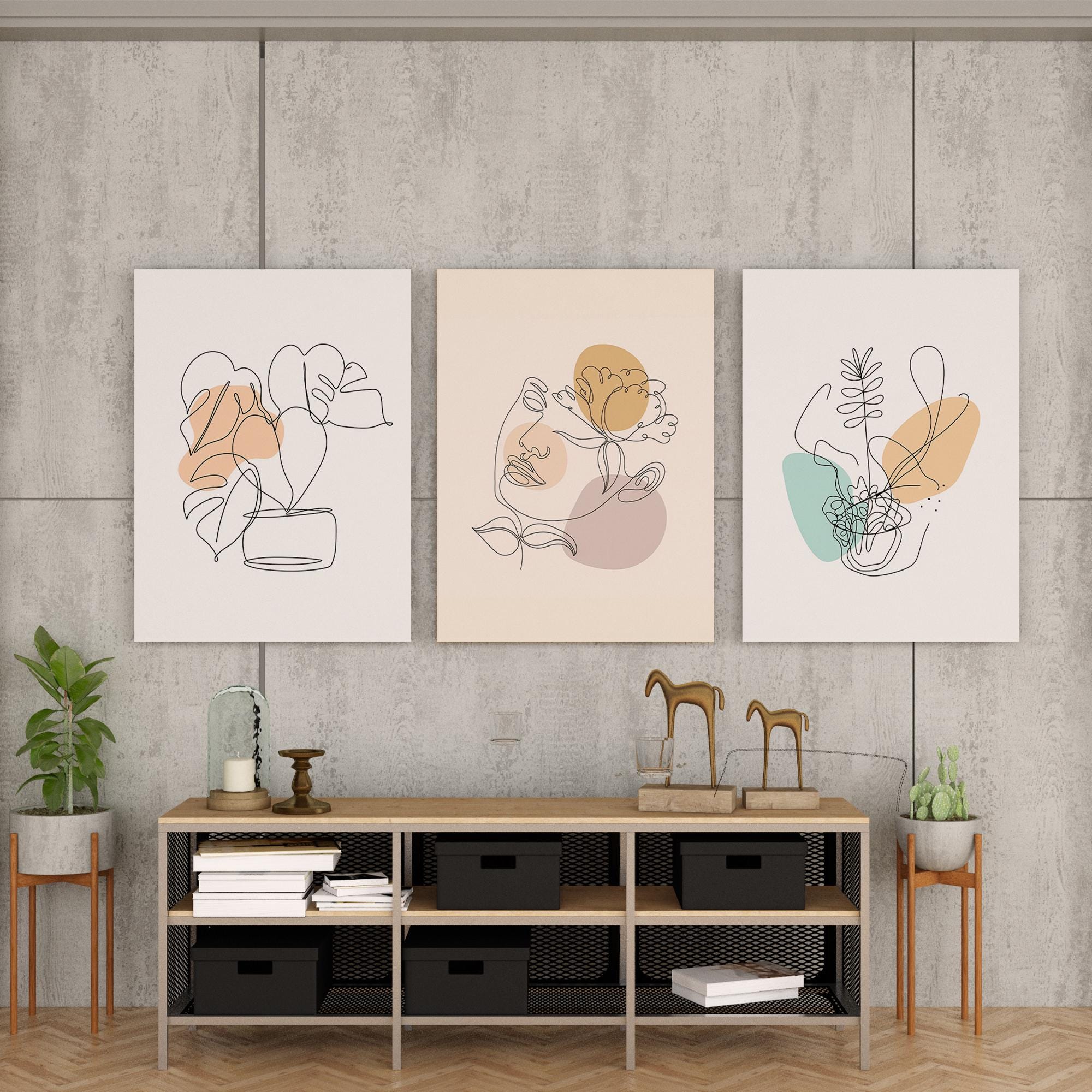 Boho Botanical Line Art Prints – Minimalist Plant & Face Wall Art Set of 3 – Neutral Abstract Poster for Modern Home Decor